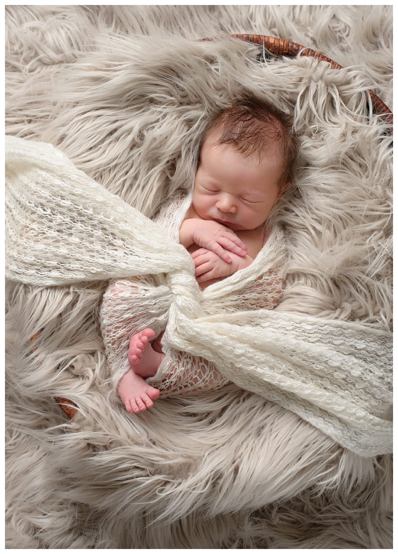 newborn boy in furry basket