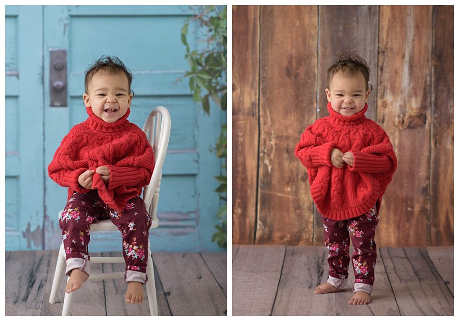 one year old in bright red sweater