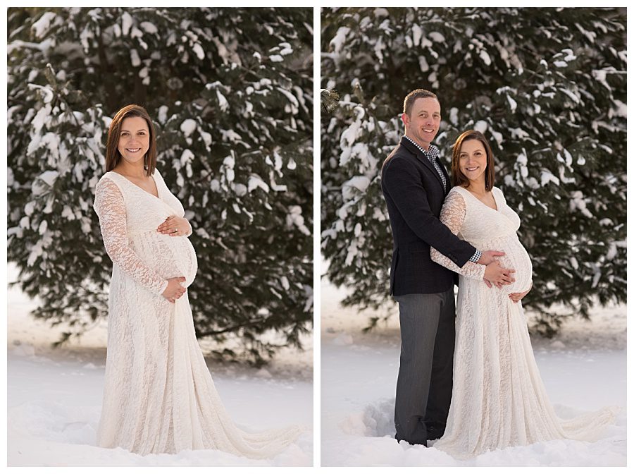 snowy winter maternity photo session pine trees