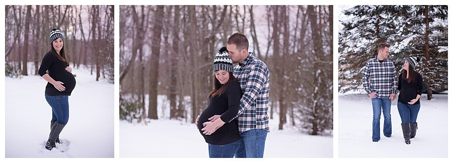 casual style snowy winter maternity photo session