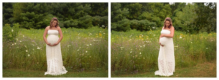 white maternity dress in wildflower field