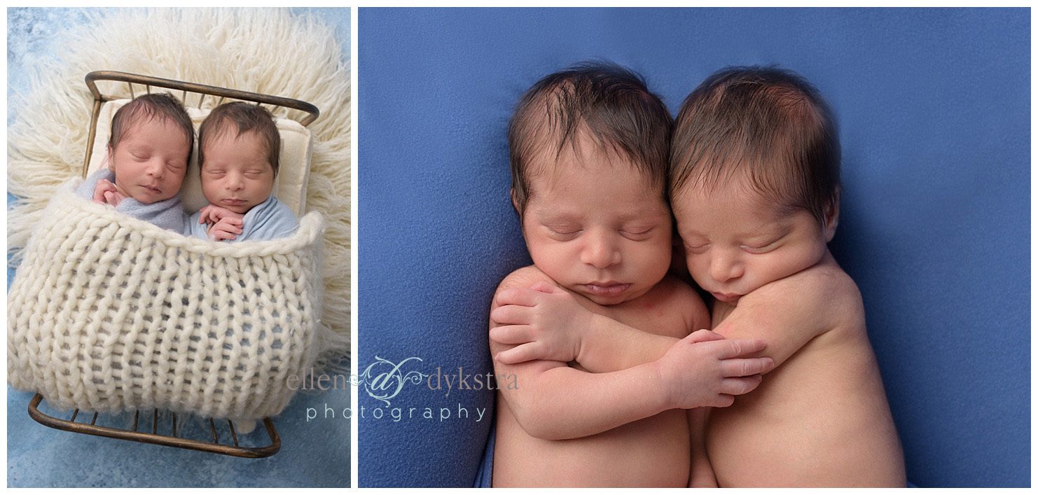 Identical twin newborn photos with babies holding each other
